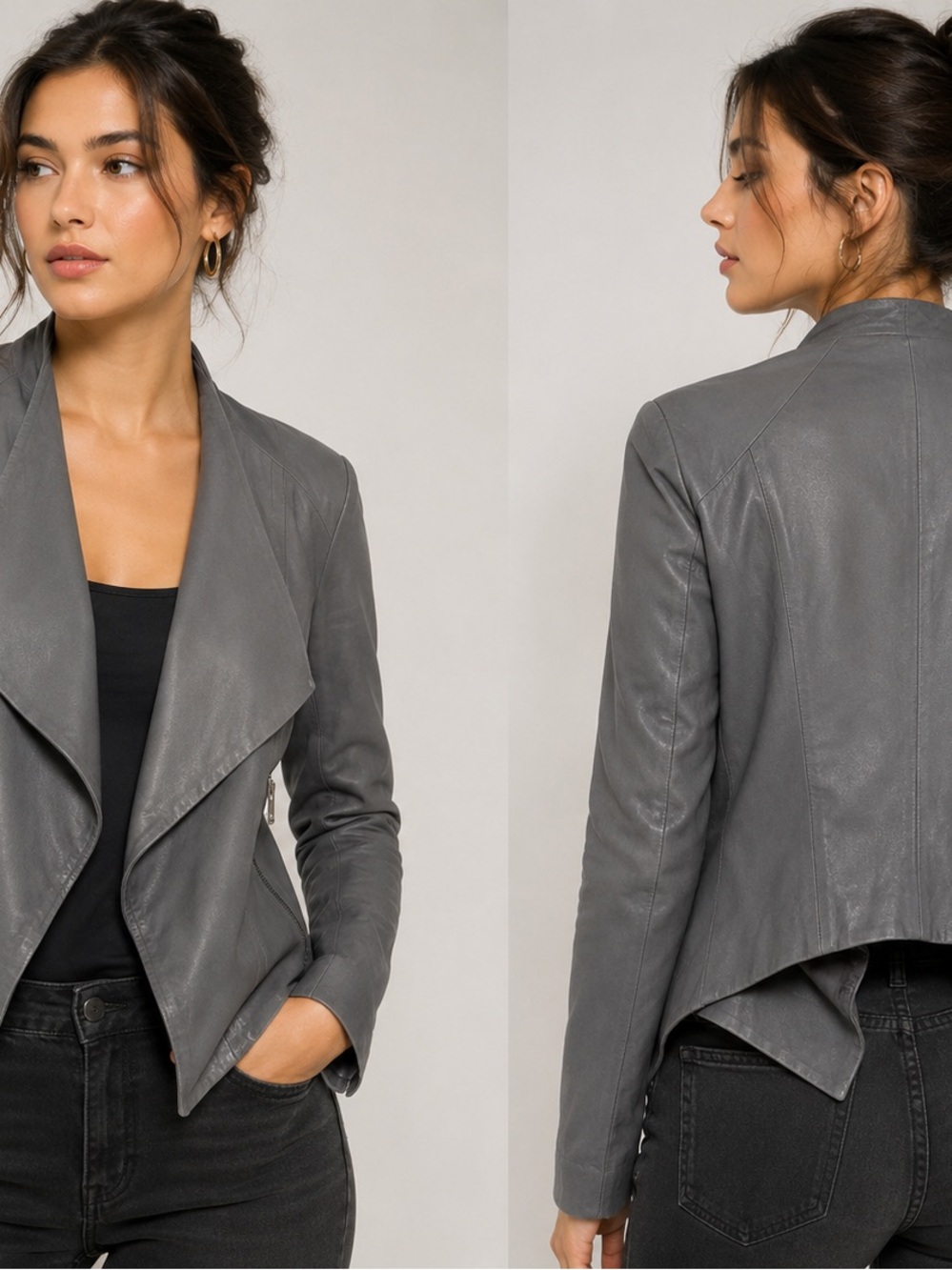 Draped Gray genuine Leather Jacket for Women